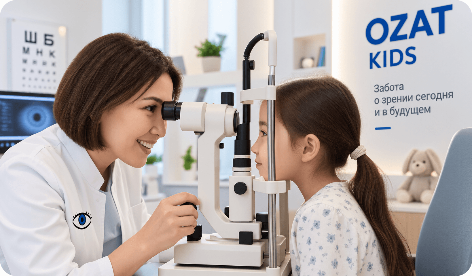Врач проводит диагностику зрения девочке в клинике OZAT Kids