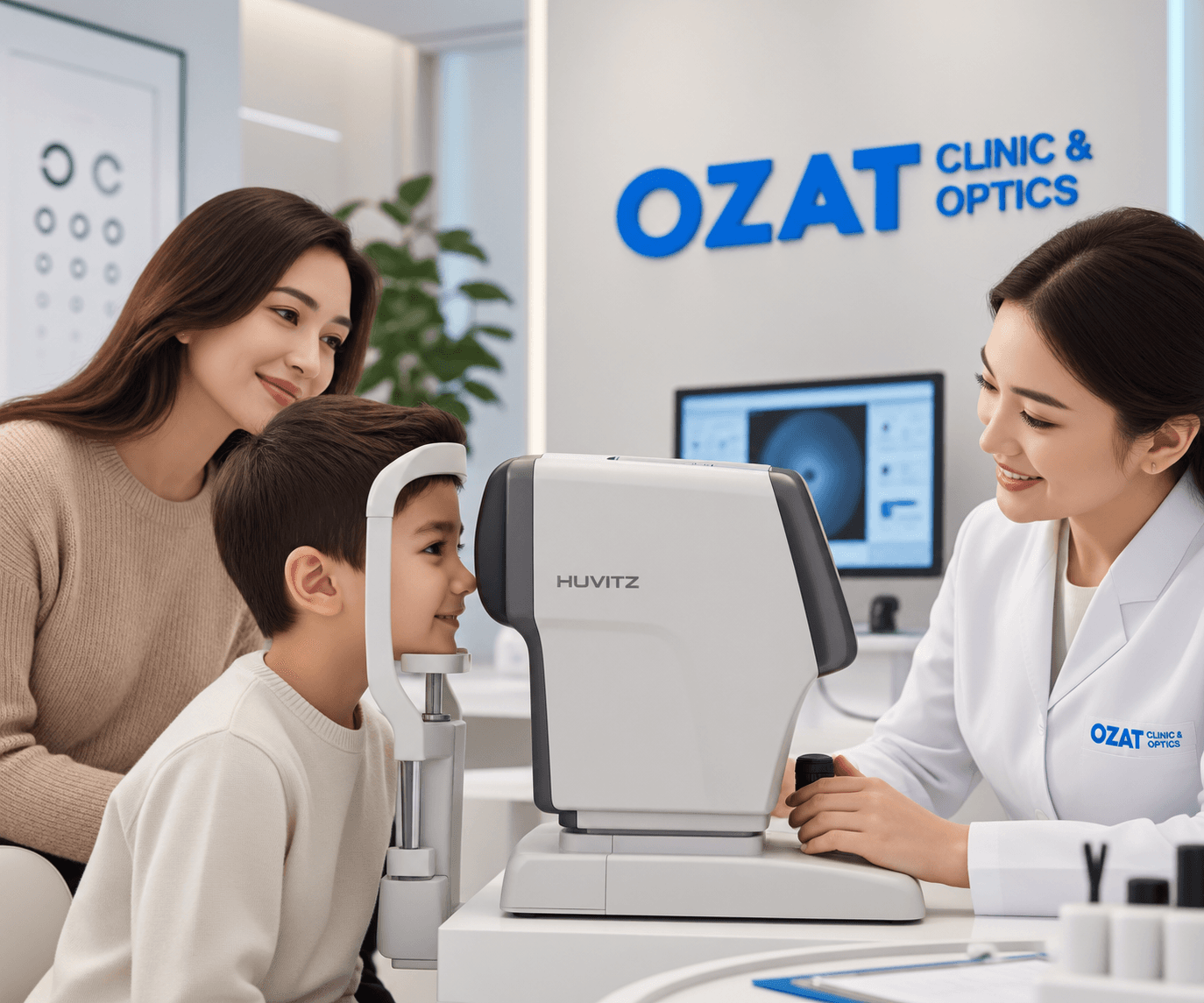 Ребёнок проходит комплексную диагностику зрения в OZAT Kids вместе с мамой и врачом
